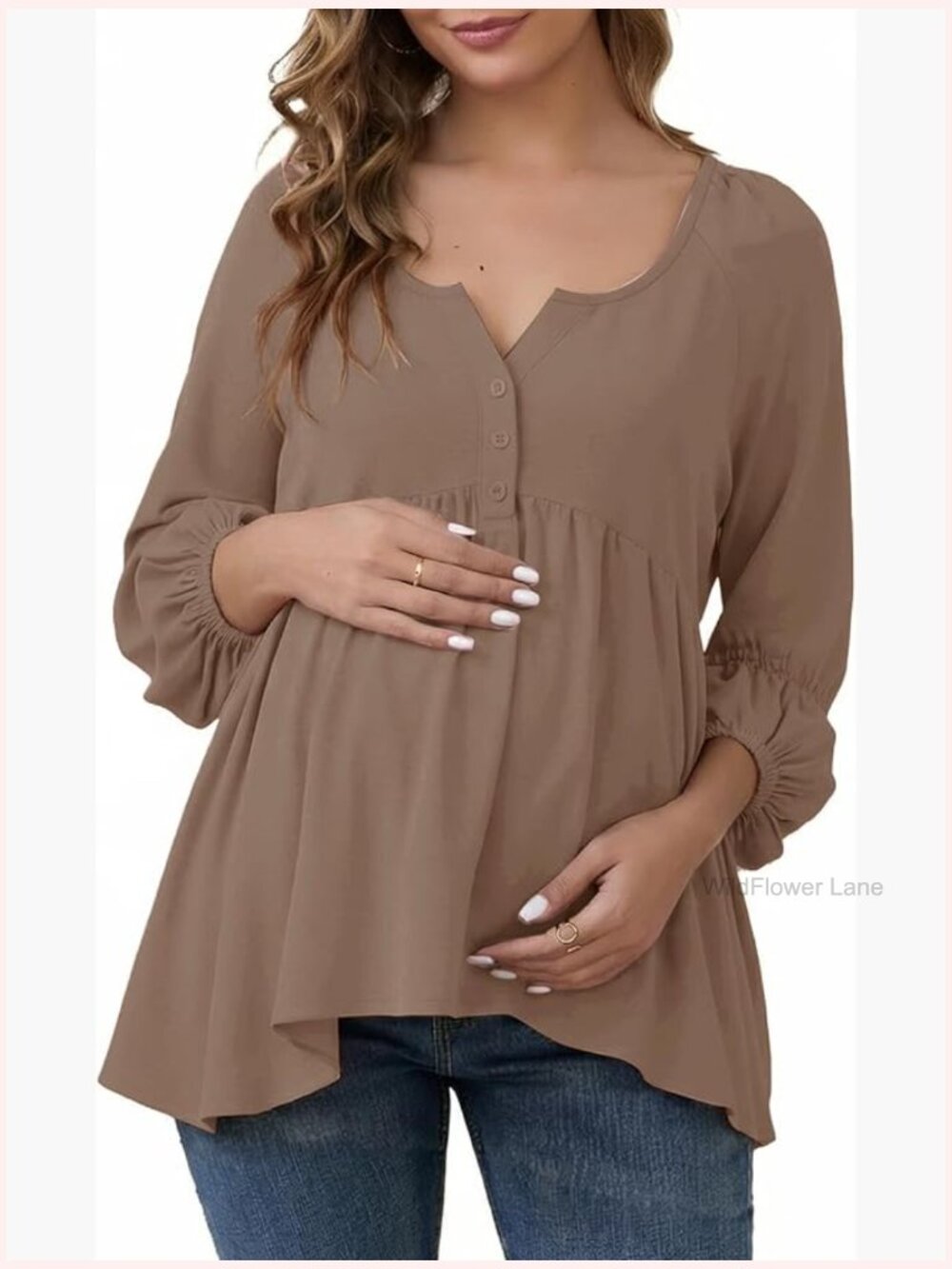 Empire Waist Maternity Top Lantern Sleeve Boho Babydoll Blouse